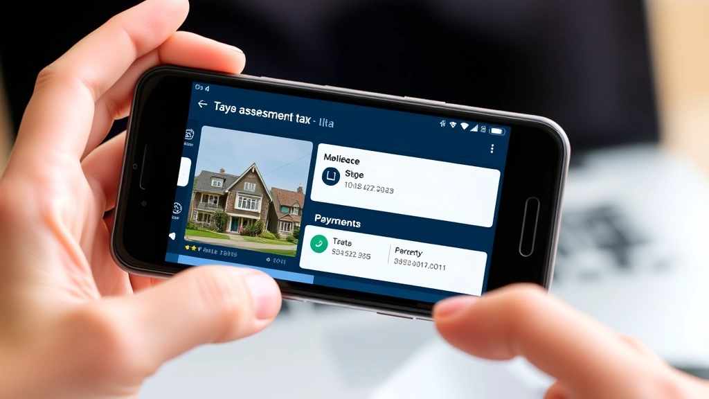 www.loudounportal/taxes - 
Hands holding smartphone showing online tax portal interface with property asse