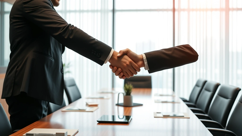 280g tax code -
Executive handshake during corporate merger or acquisition deal closing meeting