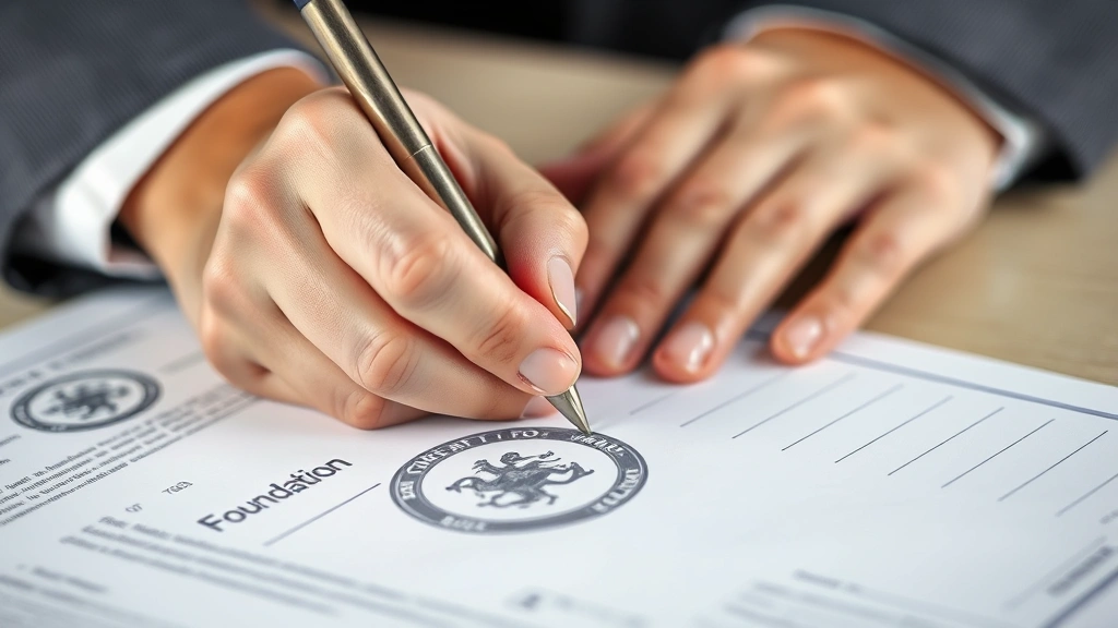 4942 tax code -
Close-up of hands signing charitable grant check with legal documents and found