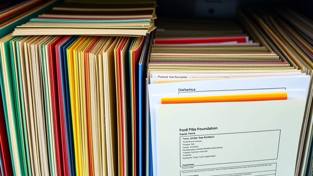 4942 tax code -
Organized filing system with color-coded foundation records, tax forms, and dis