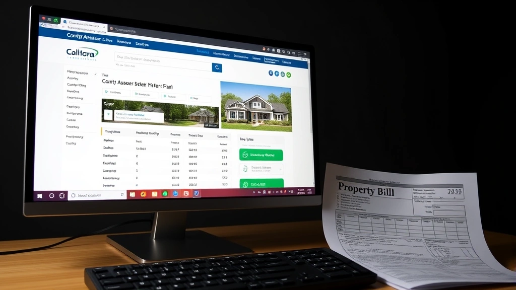 anderson county property tax search - 
Split-screen showing computer monitor displaying county assessor website databa