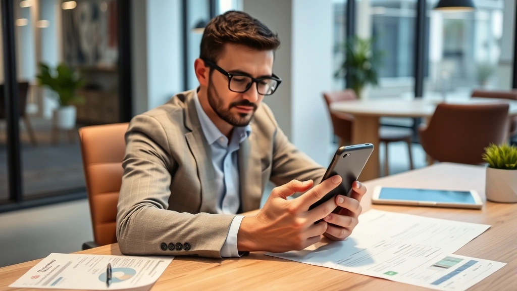 ar state tax refund status -
Man using smartphone to check banking app, sitting at modern desk with financia