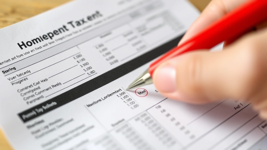 arapahoe county property taxes -
Close-up of property tax bill statement with red pen and homeowner reviewing nu