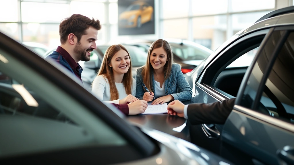 arizona automobile sales tax - 
Young couple signing paperwork at car dealership with salesman, natural lightin