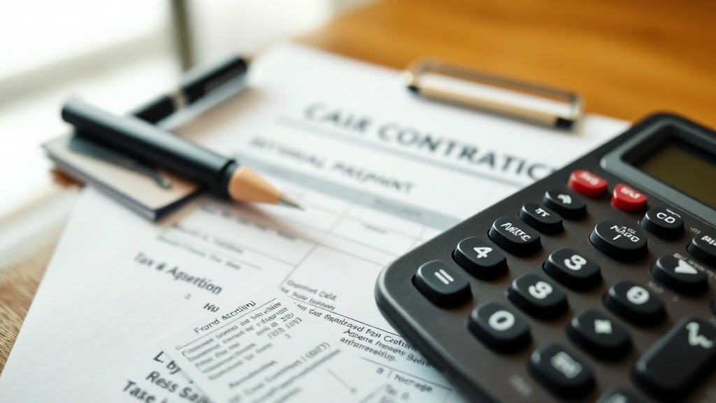 arkansas sales tax auto - 
Close-up of car sales contract and pen on dealership desk with calculator showi