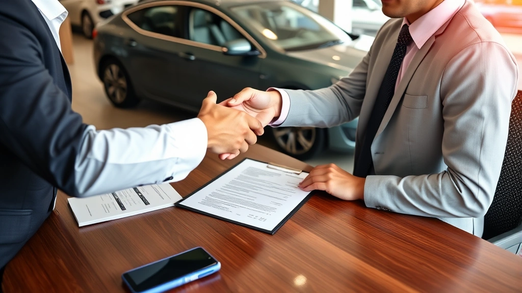 arkansas sales tax auto - 
Handshake between car buyer and salesman at dealership with contract on table
