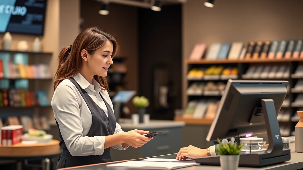 austin city sales tax - 
Business owner at checkout counter processing transaction, modern point-of-sale