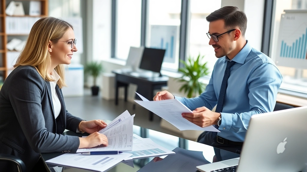 austin city sales tax - 
Professional financial advisor explaining tax documents to client in modern off