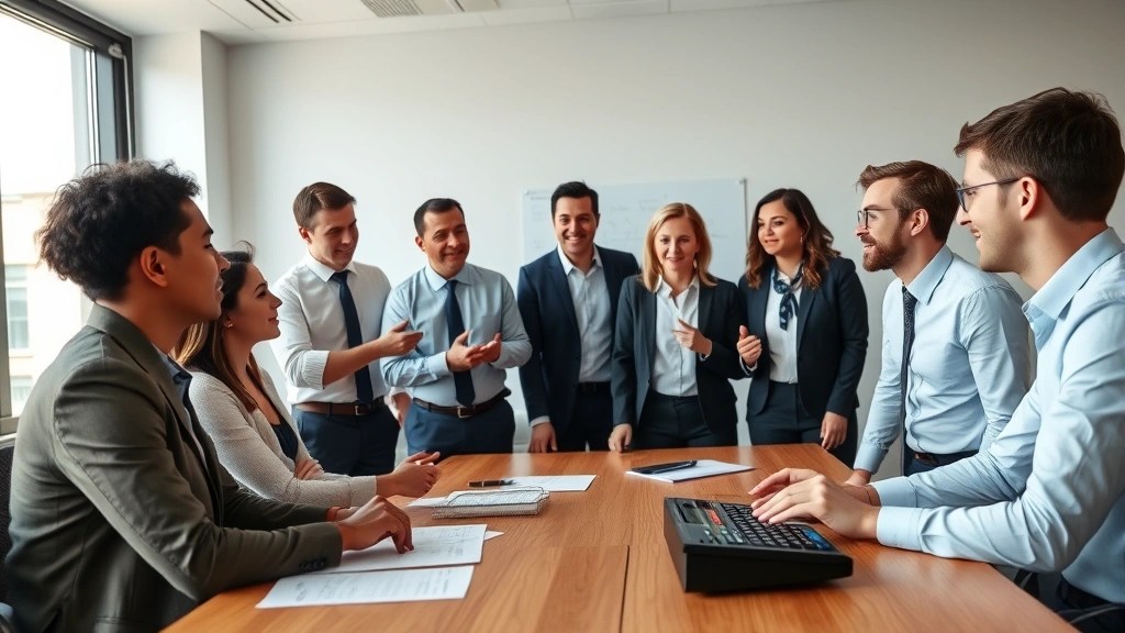 austin city sales tax - 
Diverse group in business casual attire having discussion around conference tab