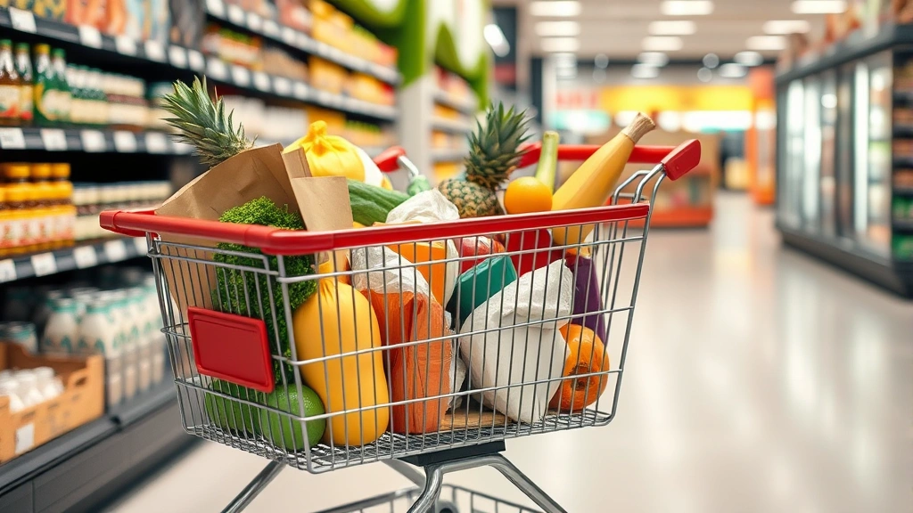 bellevue wa sales tax - 
Shopping cart filled with groceries and household items in upscale retail envir