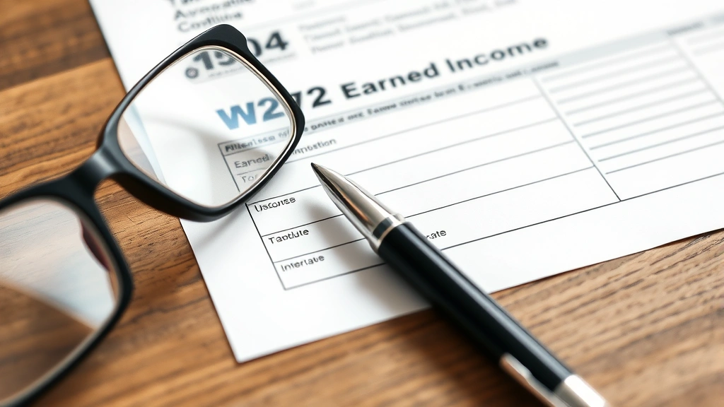 berks earned income tax - 
Close-up of W-2 form and earned income tax paperwork with pen and reading glass