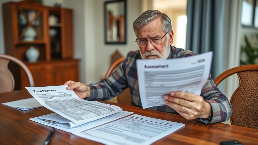 butler county real estate taxes - 
Homeowner examining property tax bill and assessment notice with concerned expr