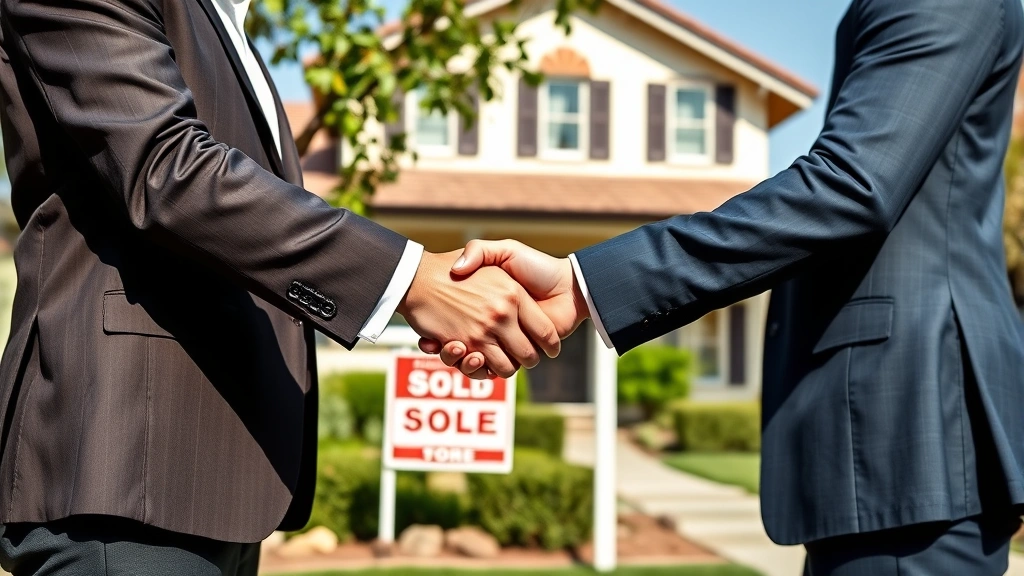 california capital gains tax on real estate -
Handshake between a real estate professional and a client in front of a Califor