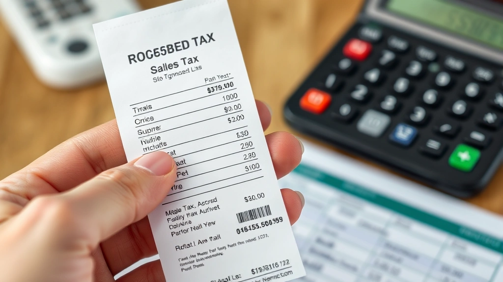 california sales tax palo alto -
Close-up of hands holding receipt showing sales tax breakdown with calculator i