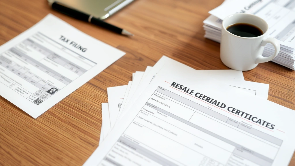 california sales tax palo alto -
Tax filing documents and resale certificate forms organized on wooden desk with