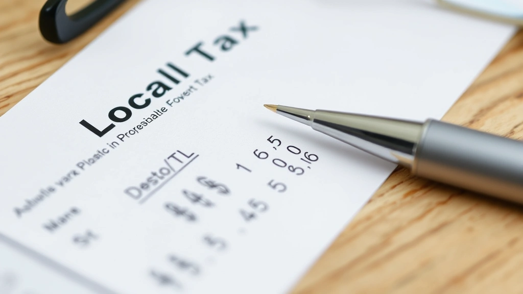 canton city income tax -
Close-up of paycheck stub showing local tax deduction with pen and glasses on w