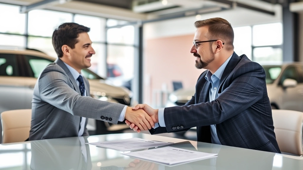 car sales tax in maryland - 
Handshake between car salesman and customer at dealership closing table with pa