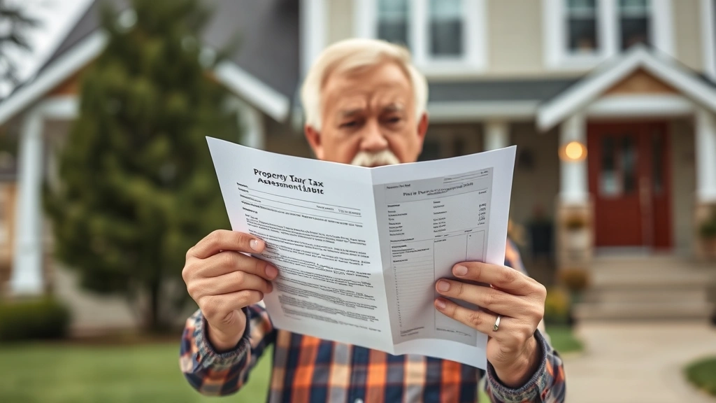 grant county property taxes - 
Homeowner holding property tax bill statement while looking at home assessment 