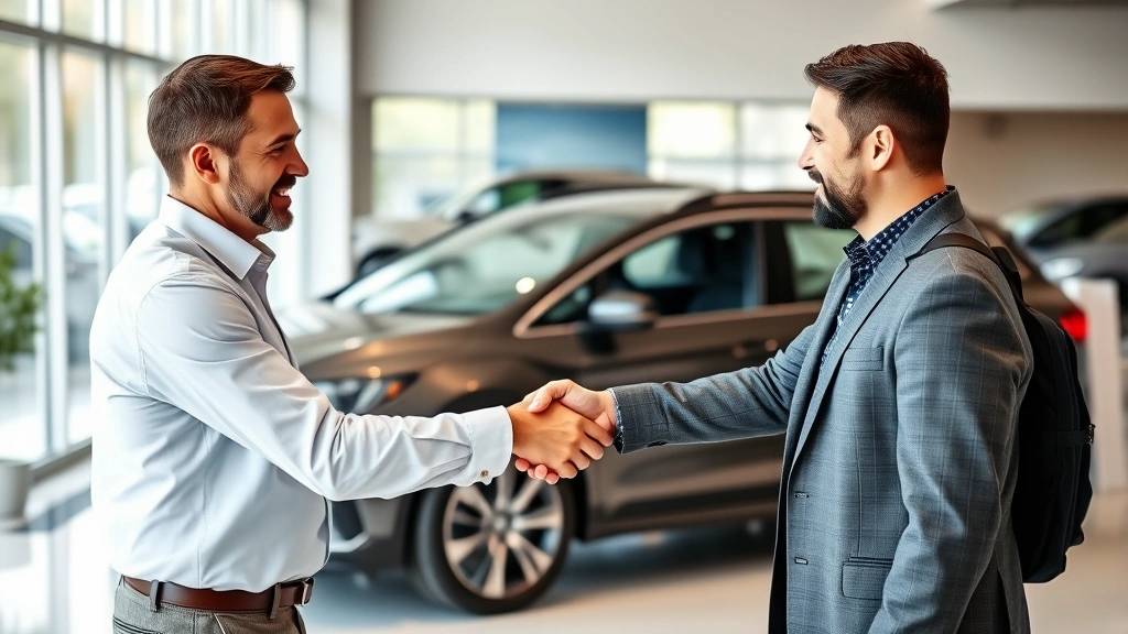 greenville sc car taxes - 
Handshake between car dealer and customer in showroom with vehicle visible in b