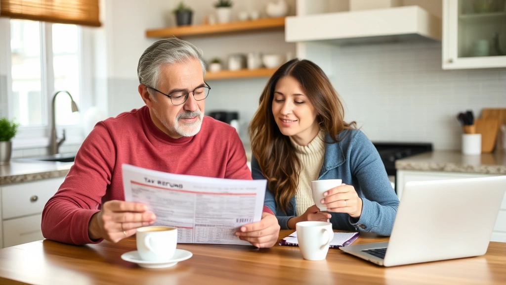 greenville sc tax - 
Couple reviewing their tax refund paperwork together at kitchen table with coff