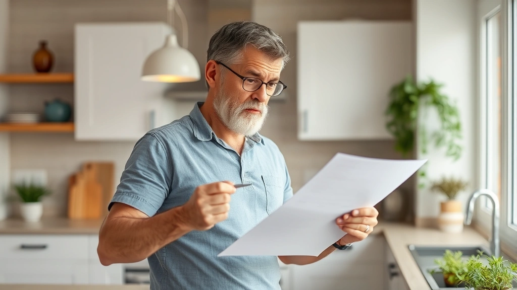 hall county property tax - 
Homeowner examining property assessment notice with concerned expression in bri