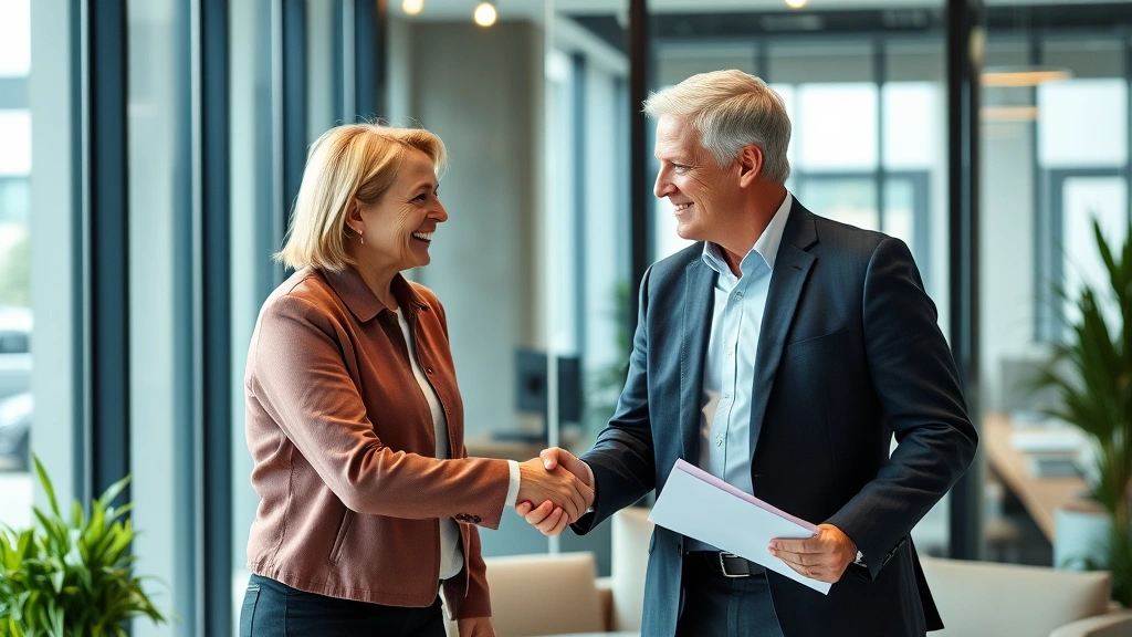 hall county property tax - 
Mature couple shaking hands with tax professional in modern office setting
