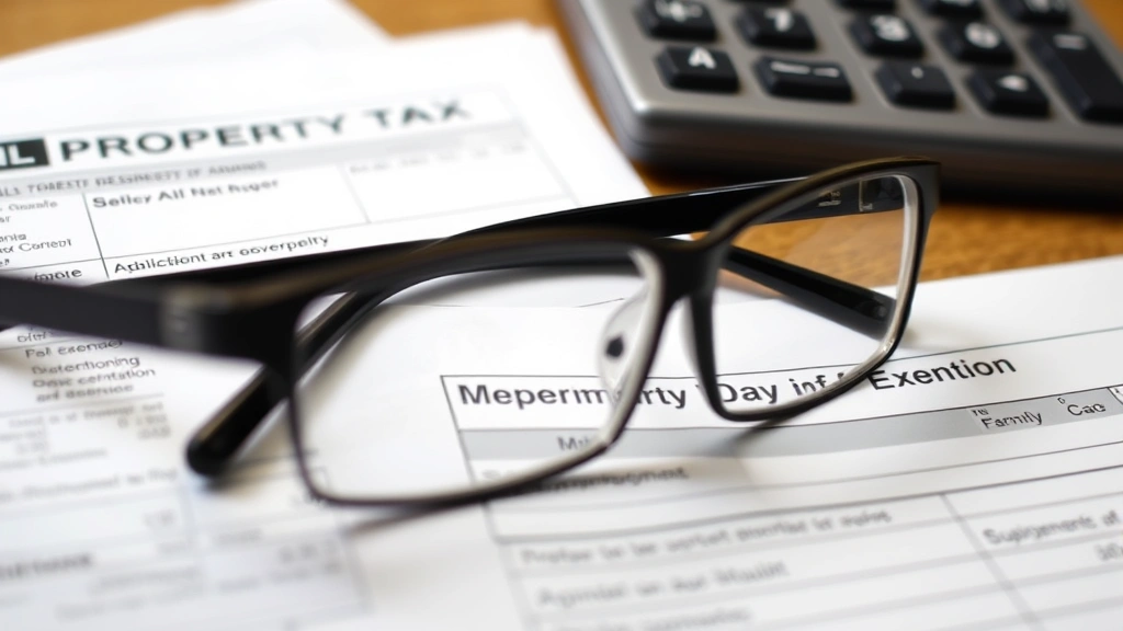 hall county property tax - 
Close-up of property tax bill and exemption forms with reading glasses on desk
