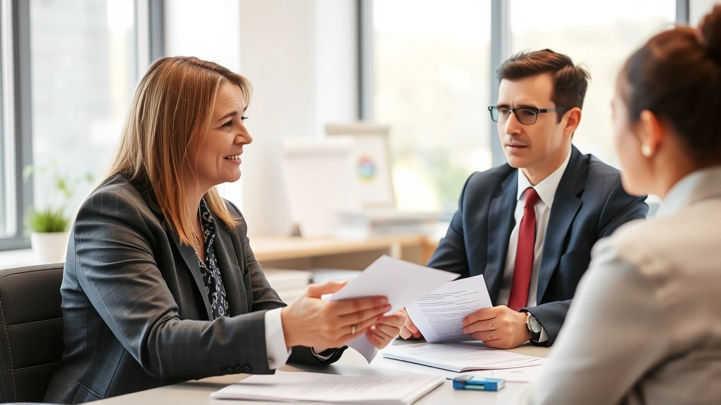 hamden taxes - 
Tax professional in business attire explaining deductions to client in bright o