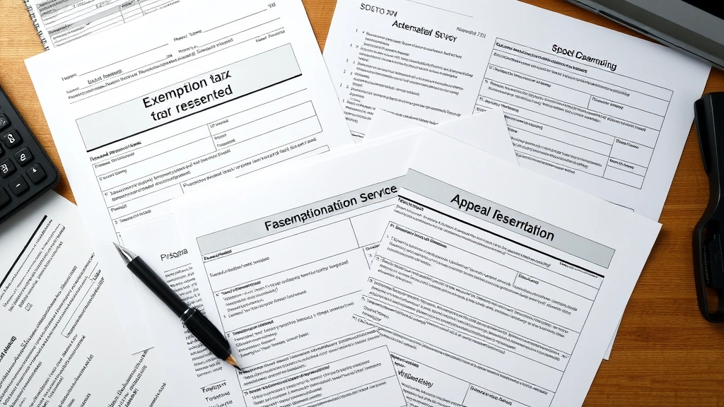 hardin county tax office - 
Overhead shot of tax documents, exemption forms, appeal paperwork spread on des