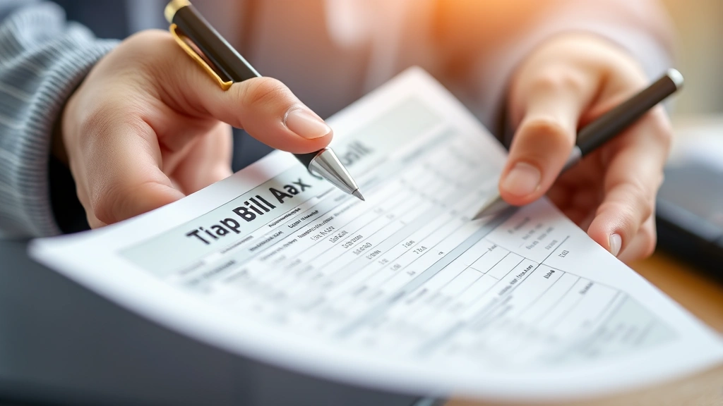 harnett county tax office -
Close-up of person’s hands holding property tax bill and pen, ready to pr