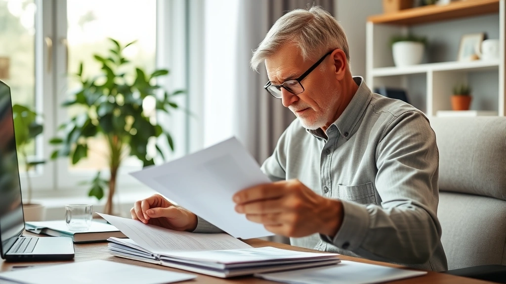 hendricks county property tax - 
Senior homeowner reviewing financial documents at home office with reading glas