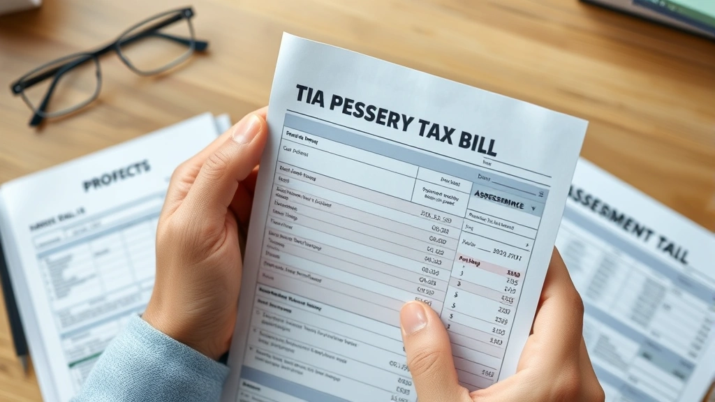 henry county ga property tax - 
Close-up of hands holding a property tax bill and assessment notice, wooden des