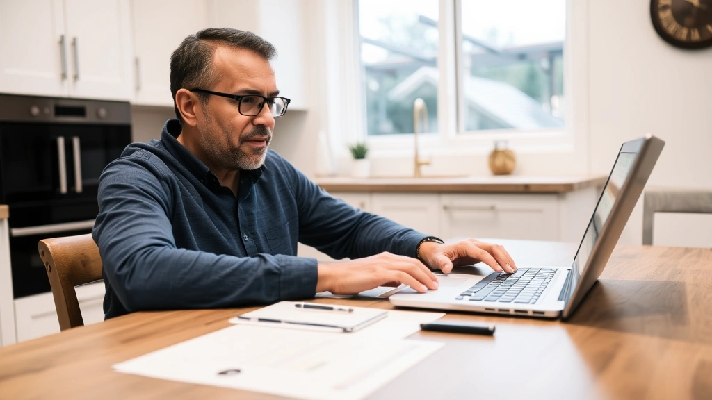 horry county tax map - 
Homeowner sitting at kitchen table with laptop, comparing home sale prices and 