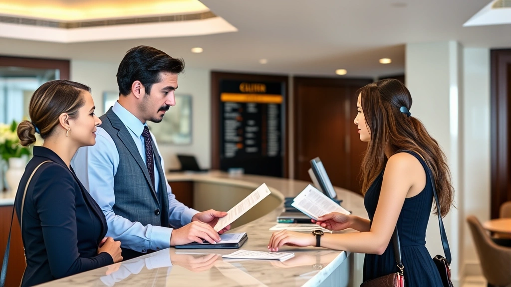 hotel occupancy tax italy - 
Hotel concierge professionally explaining room rates and taxes to international