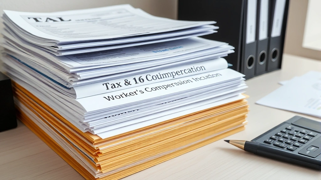 how does workers' comp affect tax return - 
Stack of official tax and workers’ compensation paperwork organized neatl