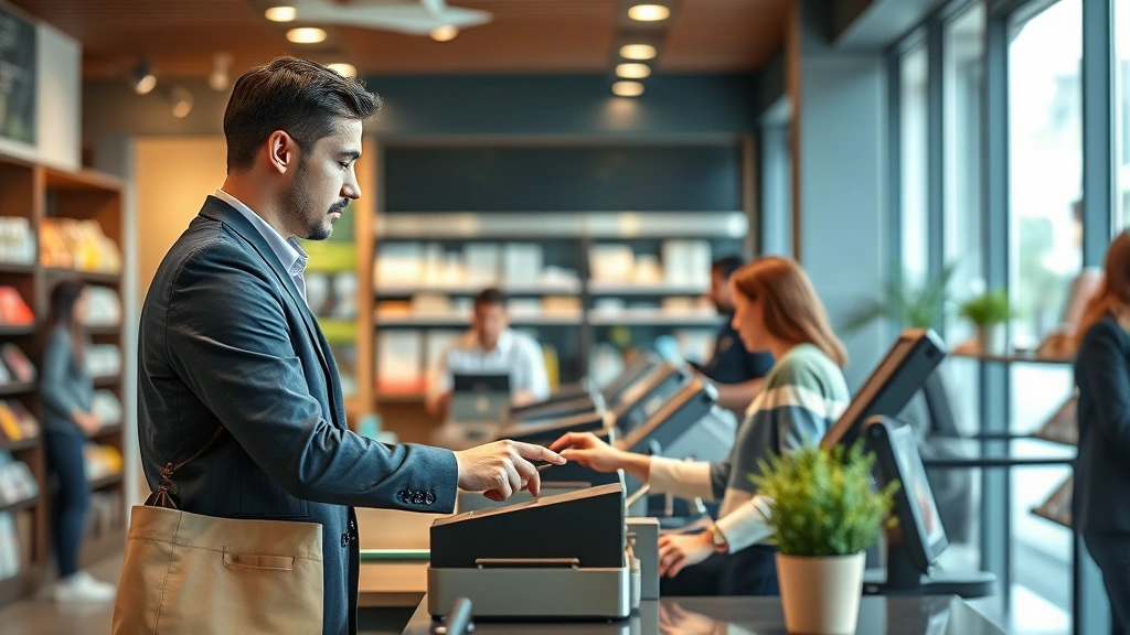 how much is sales tax in ohio - 
Business owner at checkout counter processing customer transaction, modern reta