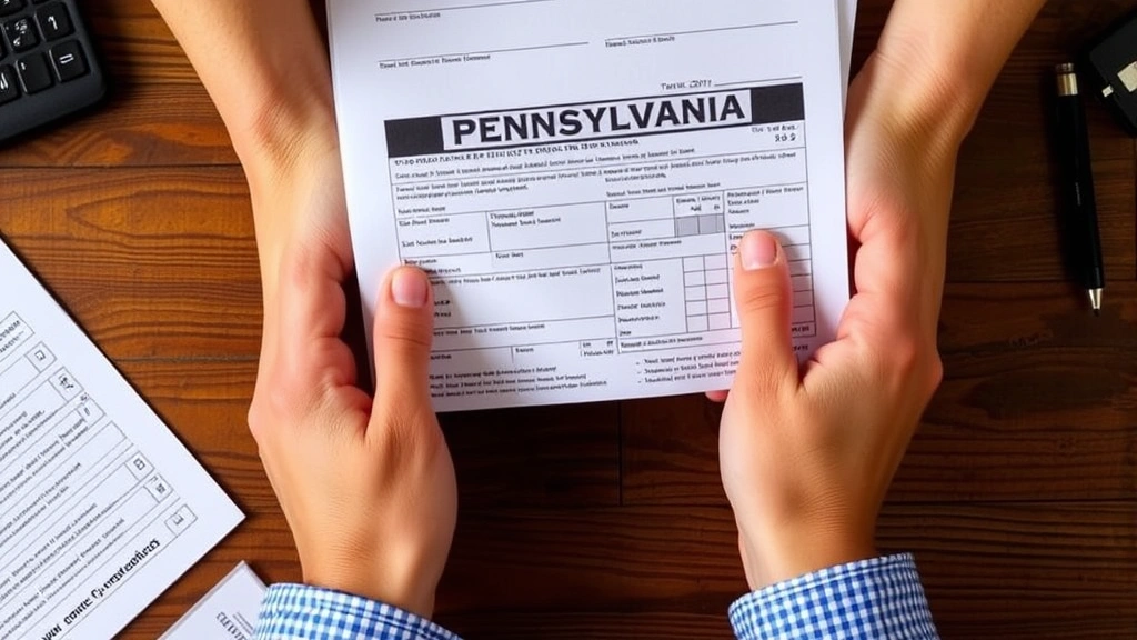 how to file local taxes in pa - 
Close-up of hands holding Pennsylvania tax forms and W-2 documents on wooden ta