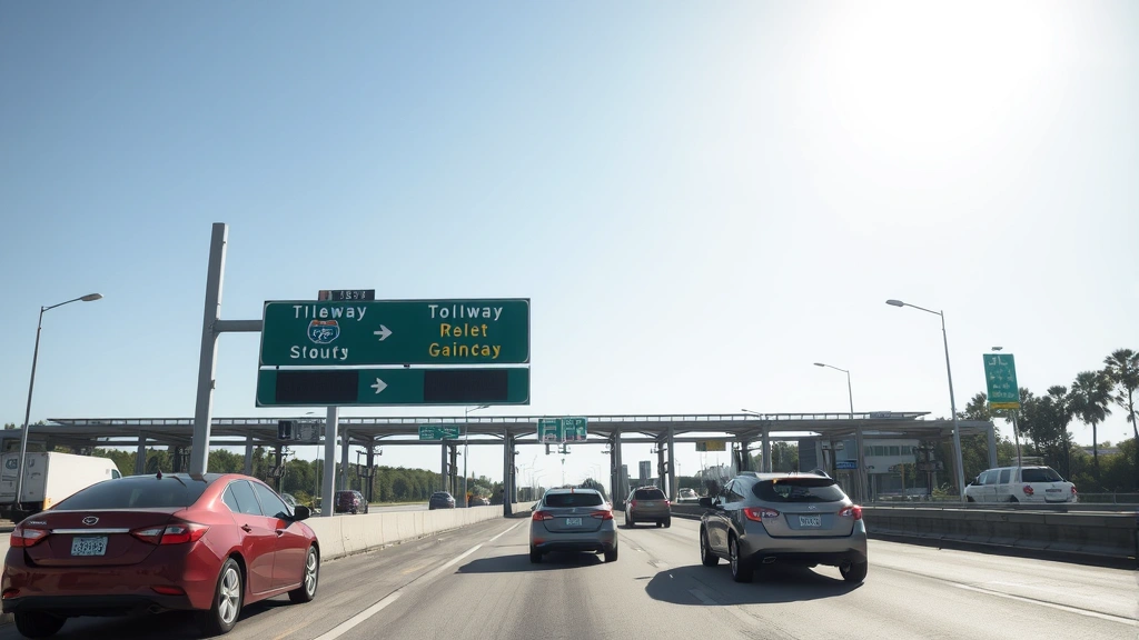 illinois mileage tax - 
Highway tollway sign with cars passing through toll booth on sunny day
