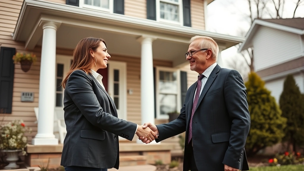 indiana county tax rates - 
Handshake between real estate agent and homeowner in front of Indiana home, war