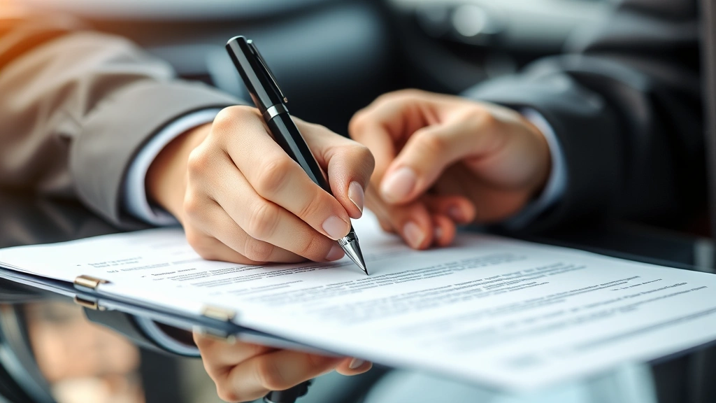 indiana vehicle sales tax - 
Close-up of hands signing vehicle purchase agreement with pen
