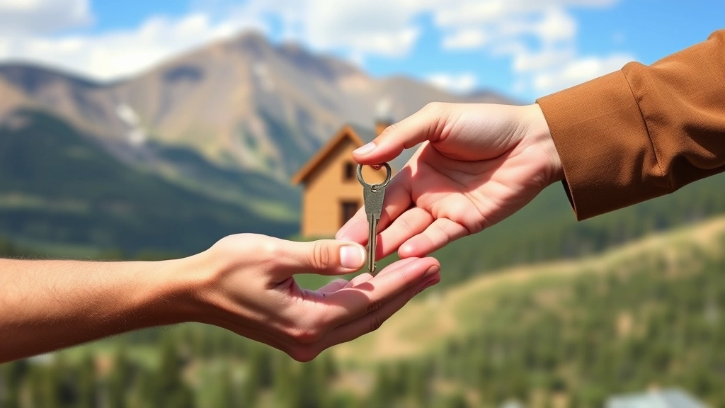 inheritance tax colorado - 
Close-up of hands exchanging a house key with Colorado mountain landscape in ba