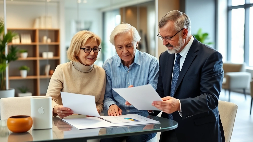 inheritance tax pa rates - 
Older couple meeting with financial planner, reviewing documents together, coll