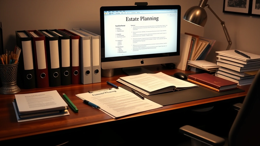 iowa estate tax -
Organized desk with estate planning files, legal documents, and computer showin