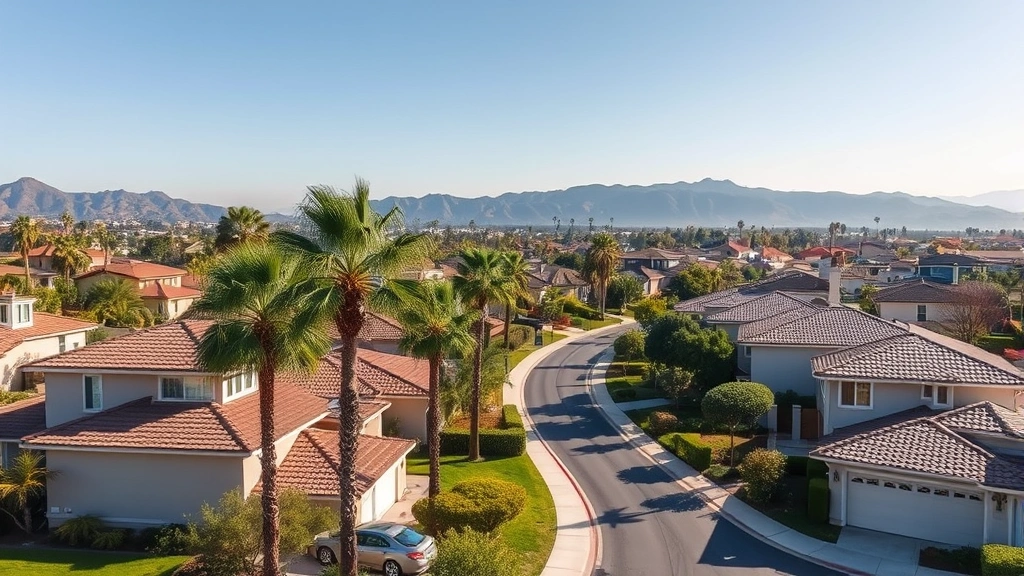irvine tax rate - 
Irvine California suburban neighborhood with upscale homes and palm trees, sunn
