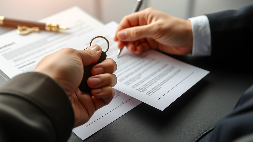 is auto loan interest tax deductible - 
Close-up of hands holding a car key and loan agreement papers with focus on int