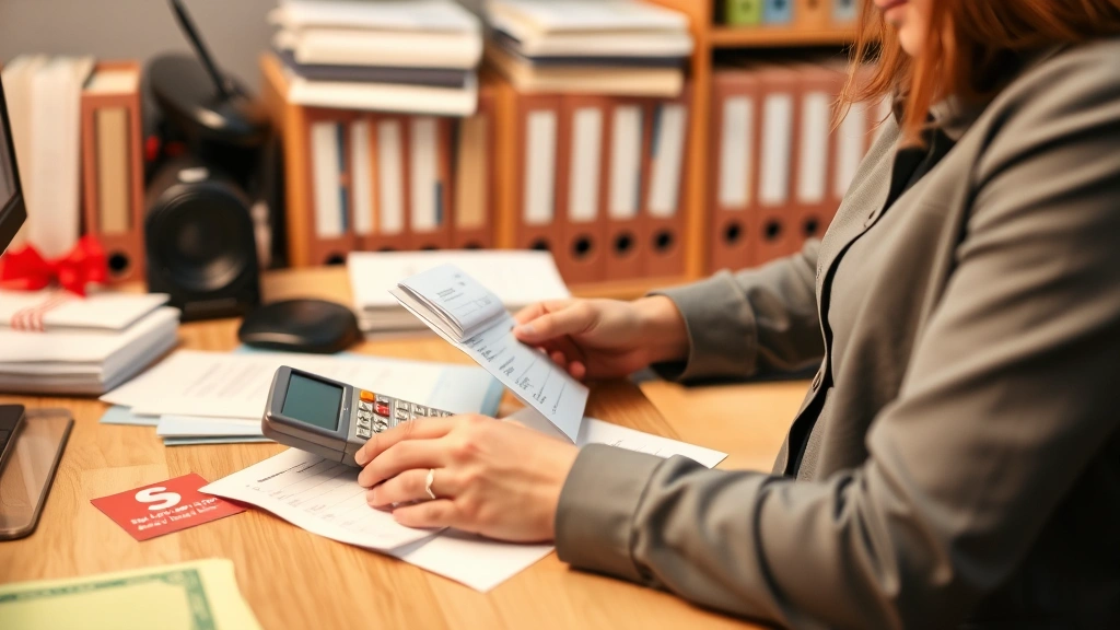 is there tax on gift cards - 
Business owner reviewing receipts and gift card documentation at desk with calc