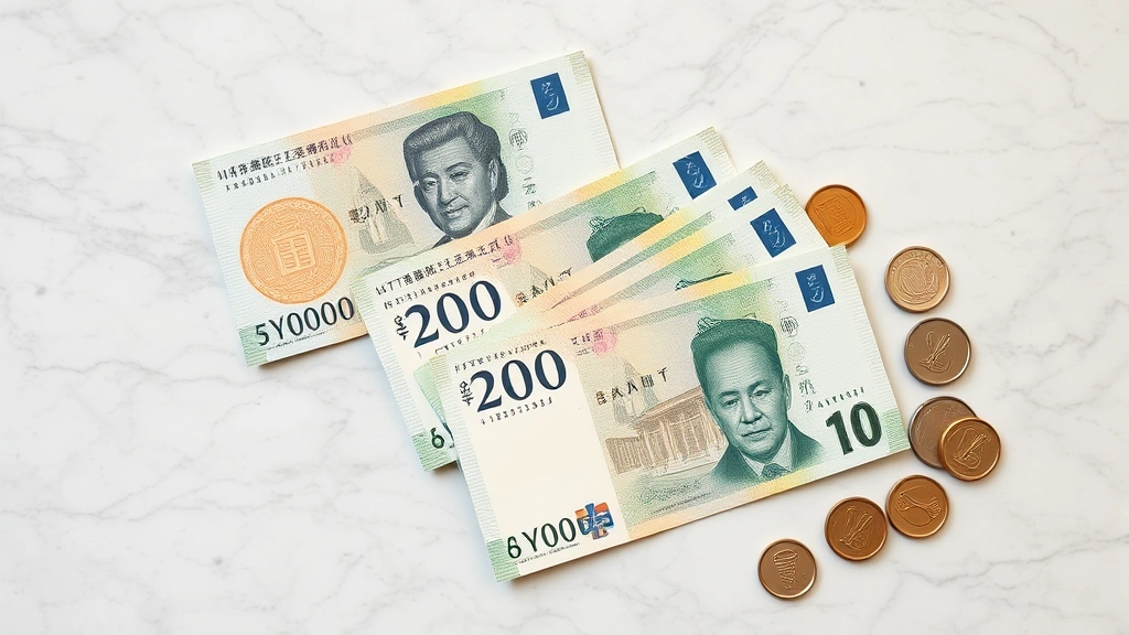 japan tourist tax -
Japanese yen currency notes and coins arranged neatly on marble surface, financ