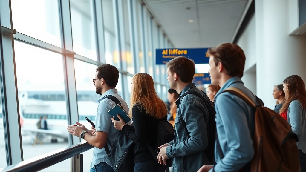 japan tourist tax -
Diverse tourists checking boarding passes at departure lounge window, modern ai