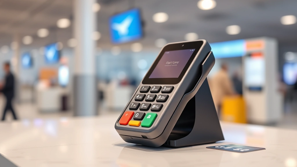 japan tourist tax -
Digital payment terminal and credit card on airport counter desk, contemporary