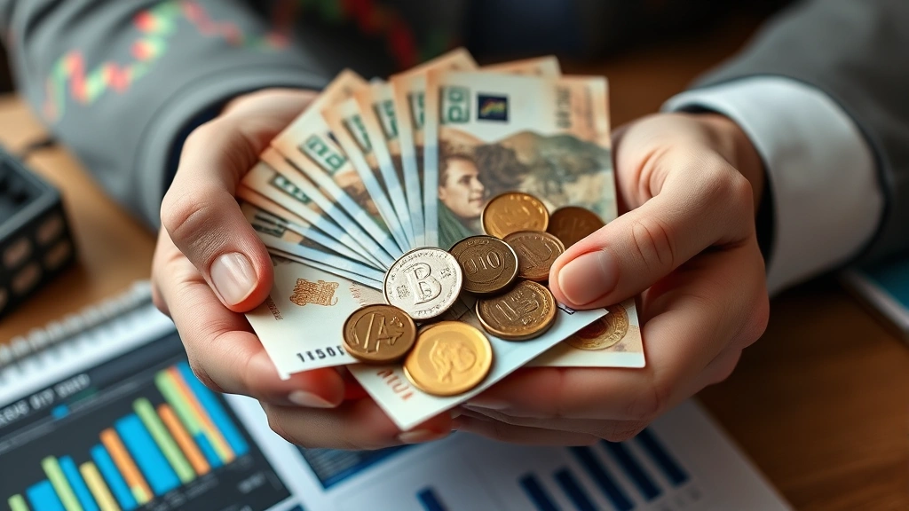 javier milei argentina tax reform -
Close-up of hands holding Argentine peso bills and coins with blurred financial